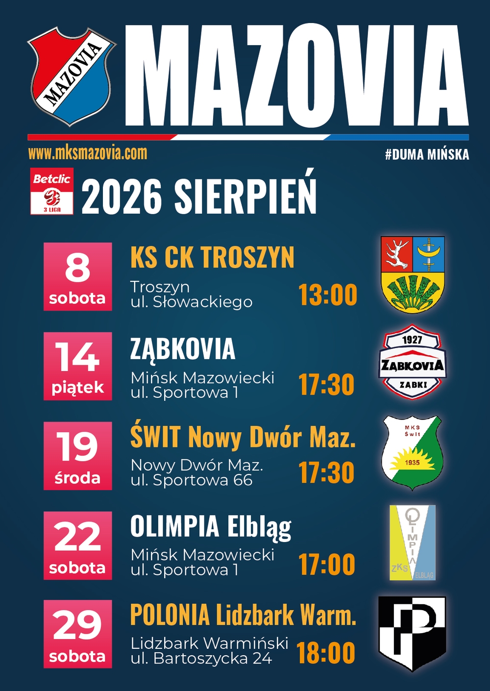 Sierpniowy terminarz mecz&oacute;w Mazovii