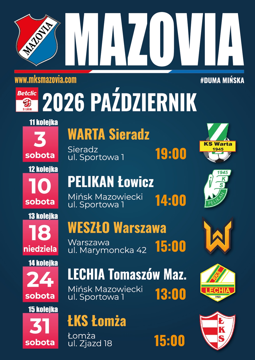 Harmonogram spotkań MKS Mazovia - październik 2026